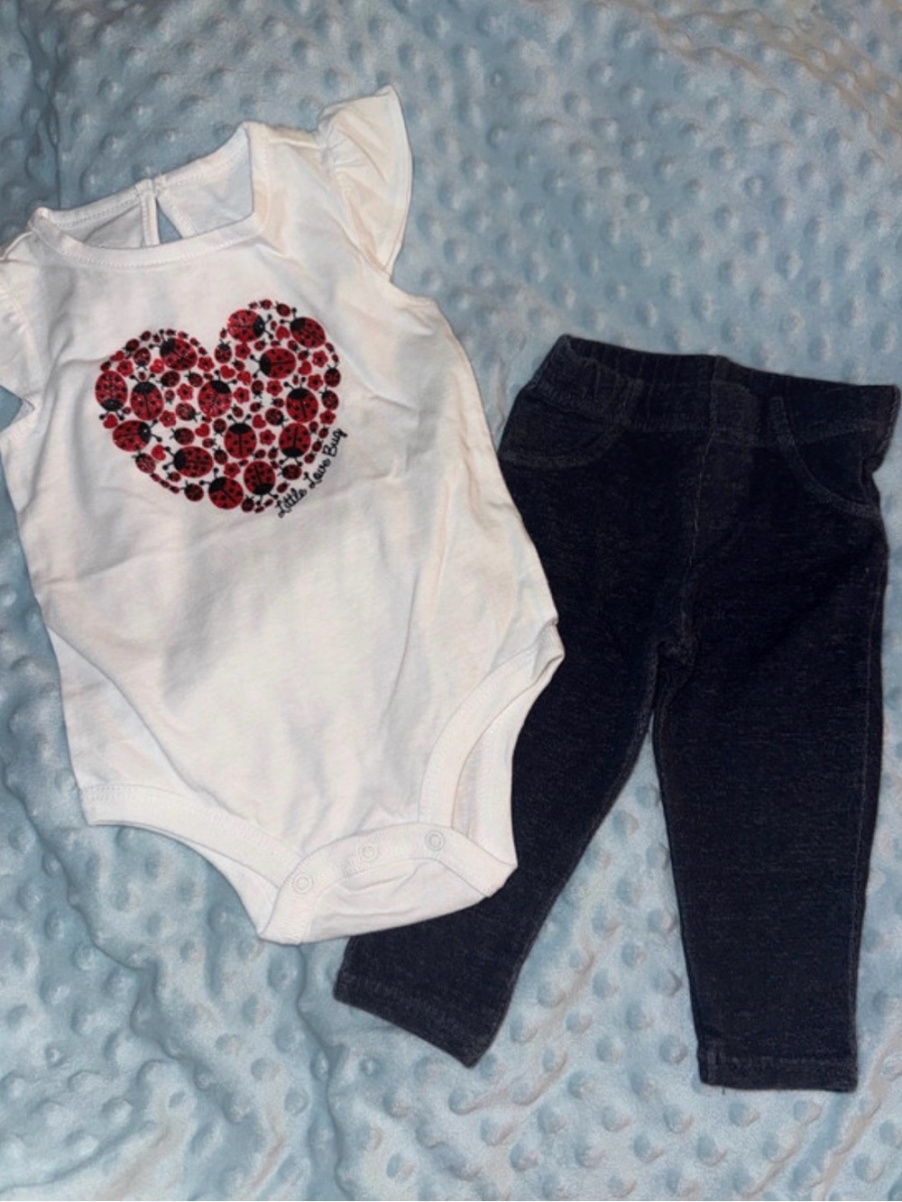Koala Kids White Bodysuit with Red Ladybug Heart and Black Leggings